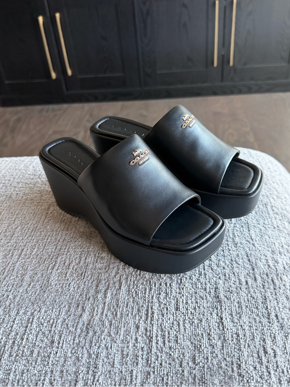 Coach Black Leather Platform Slide Wedges with Gold Logo